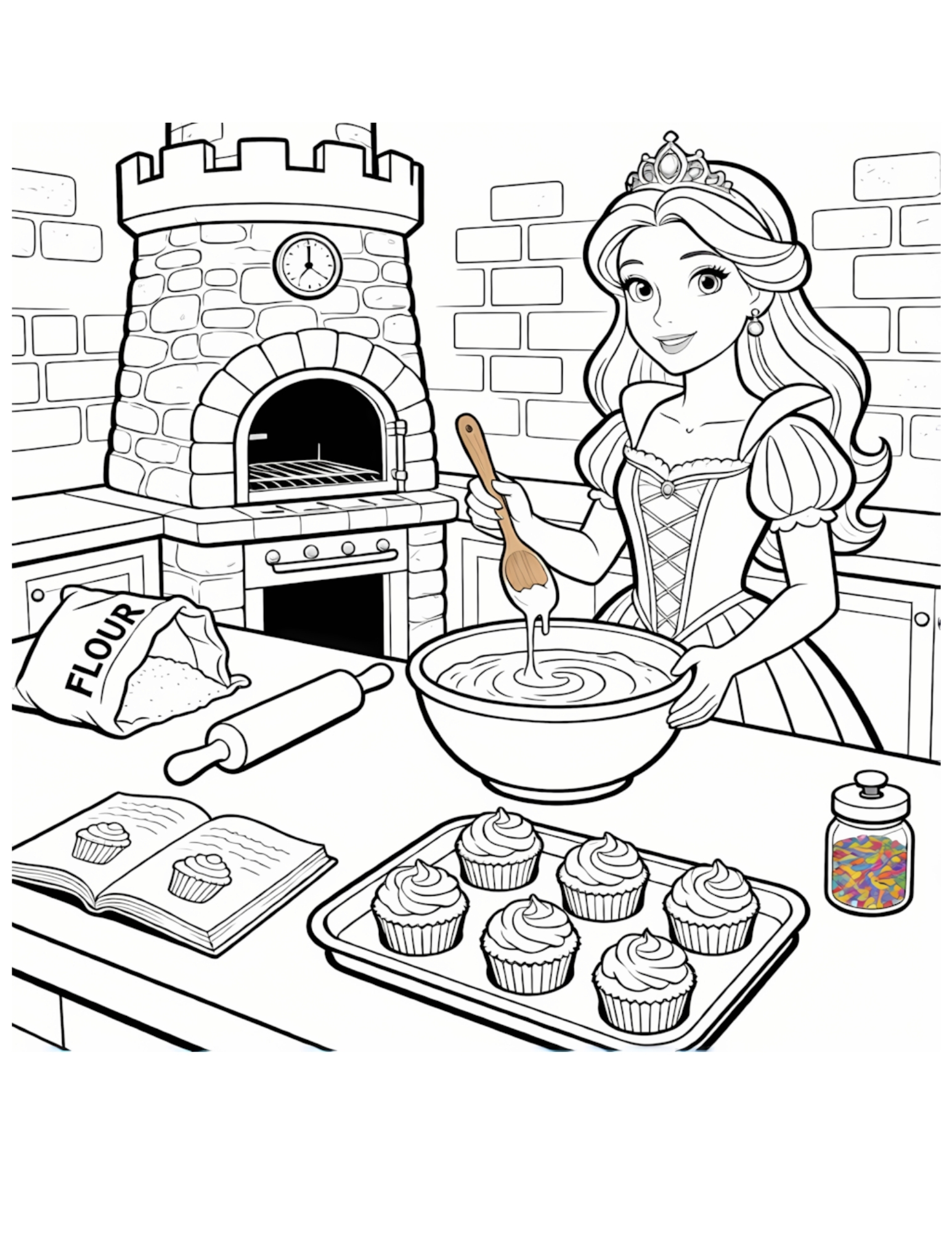 Princess Baking Royal Cupcakes in a Castle Kitchen - Black and White Coloring Page