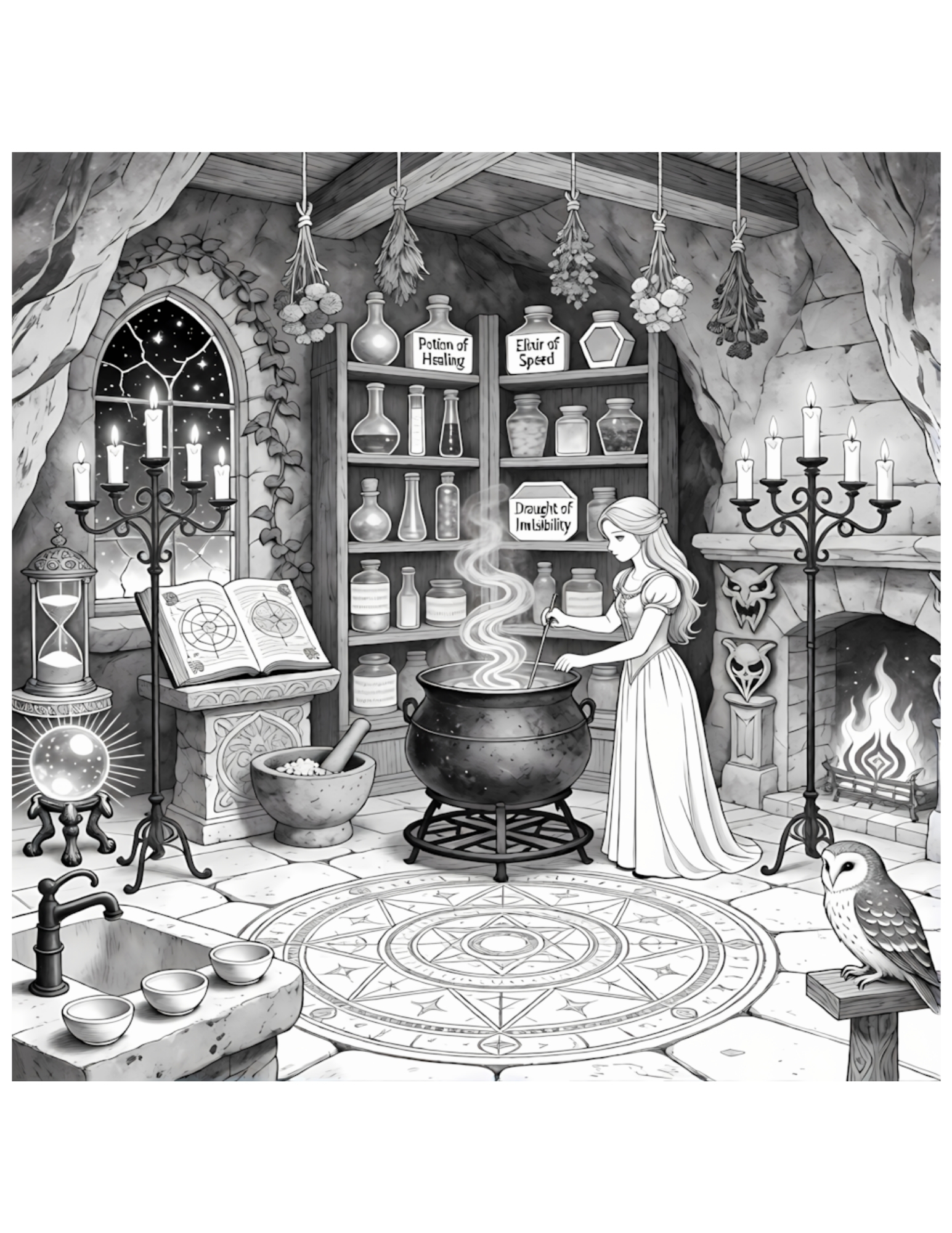 Princess in a Magical Alchemy Laboratory - Black and White Coloring Page