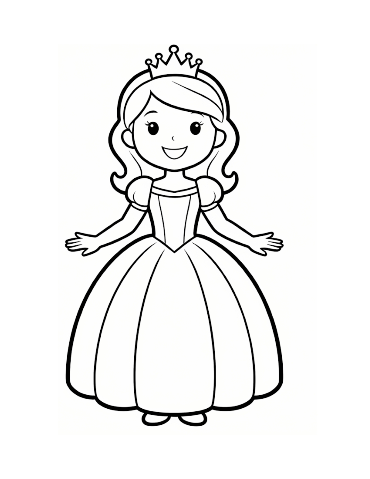 Princess in Puffed-Sleeve Ball Gown - Black and White Coloring Page