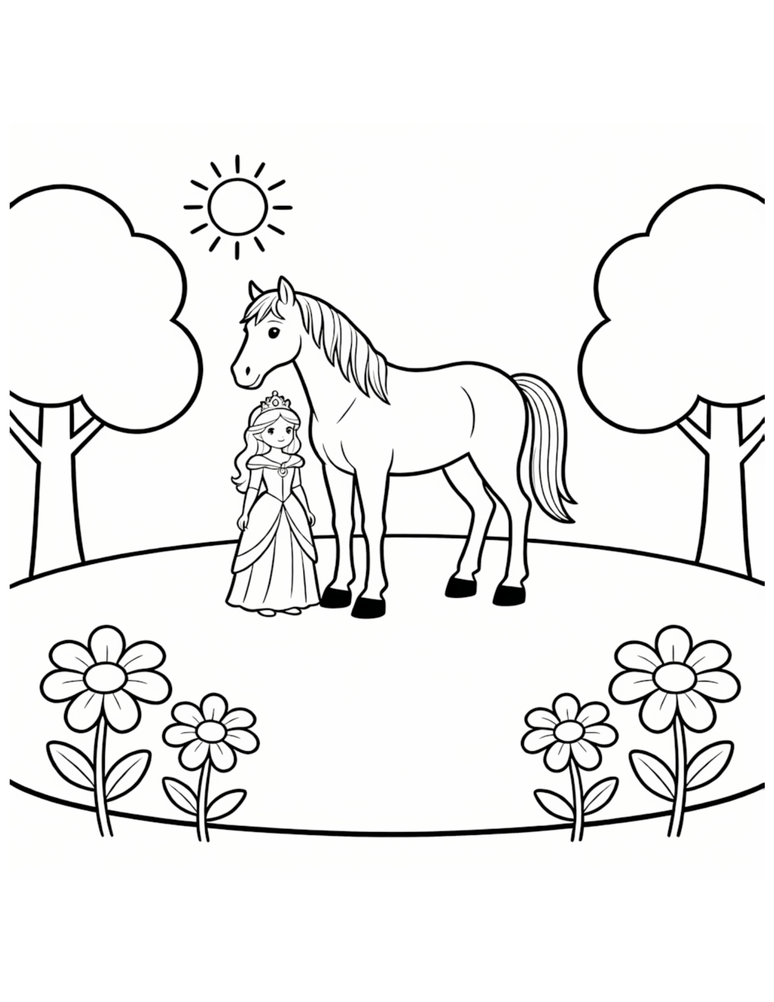 Princess with Her Royal Horse in a Meadow - Black and White Coloring Page