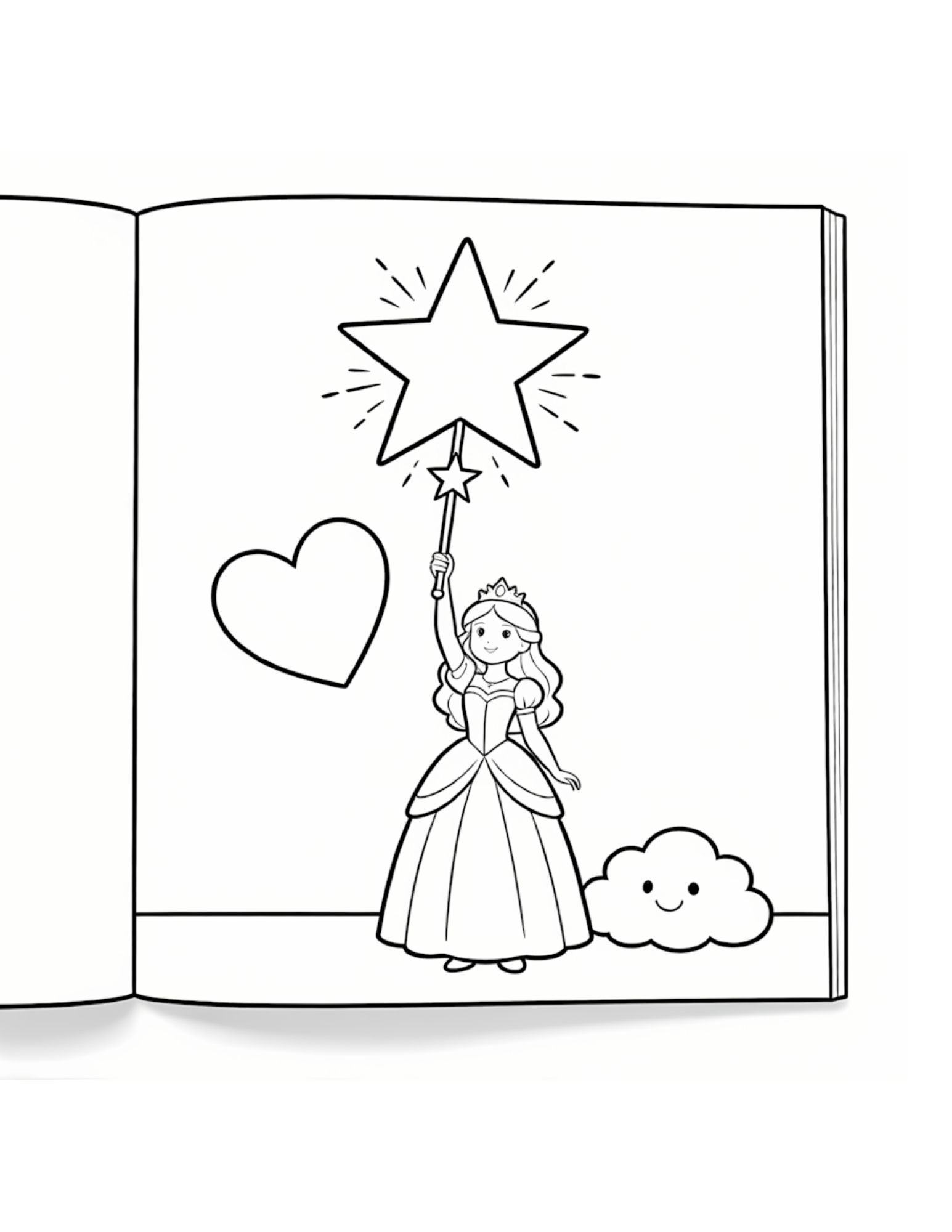 Princess with Star Wand Heart and Smiling Cloud - Black and White Coloring Page