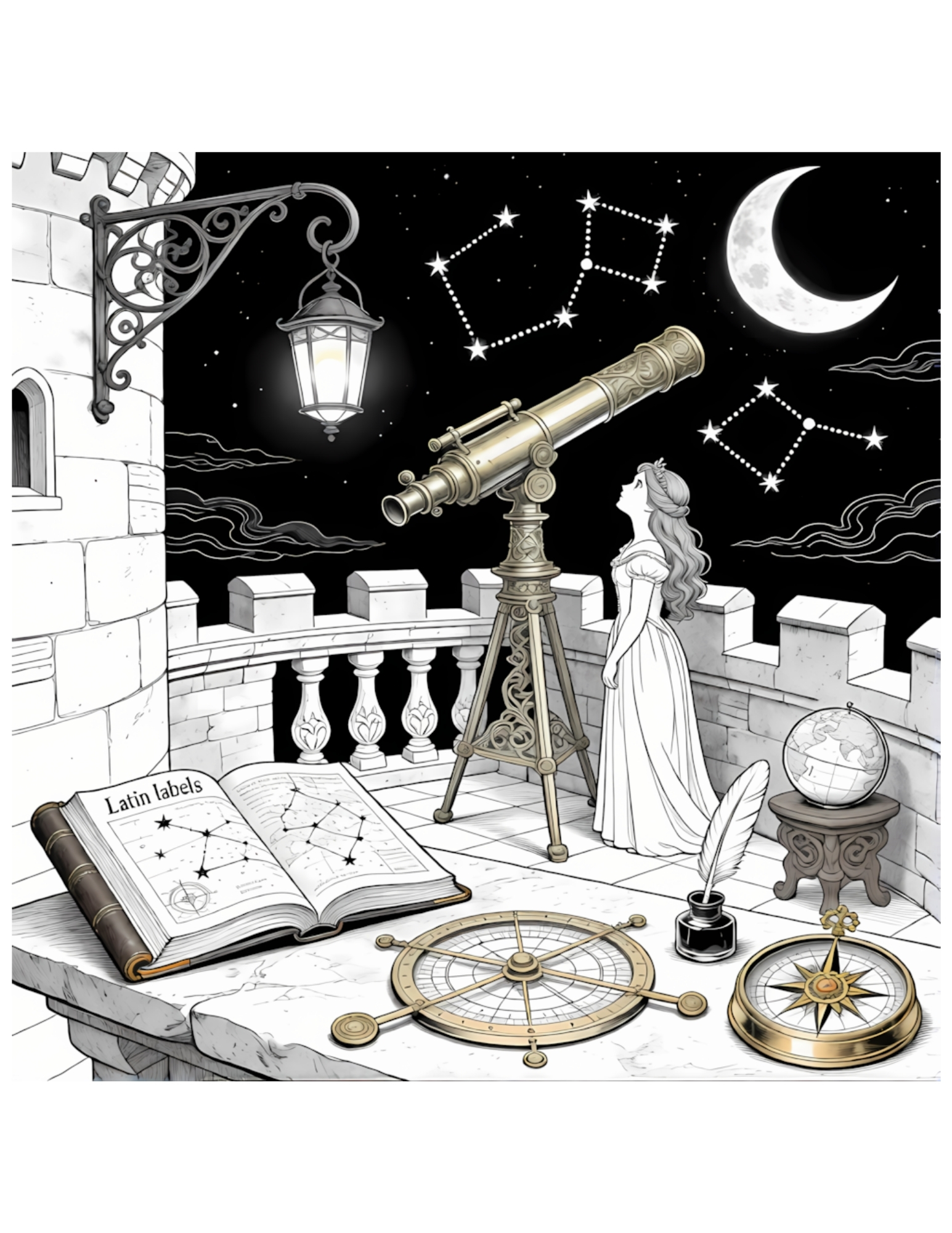 Princess Stargazing on Castle Balcony with Telescope - Black and White Coloring Page