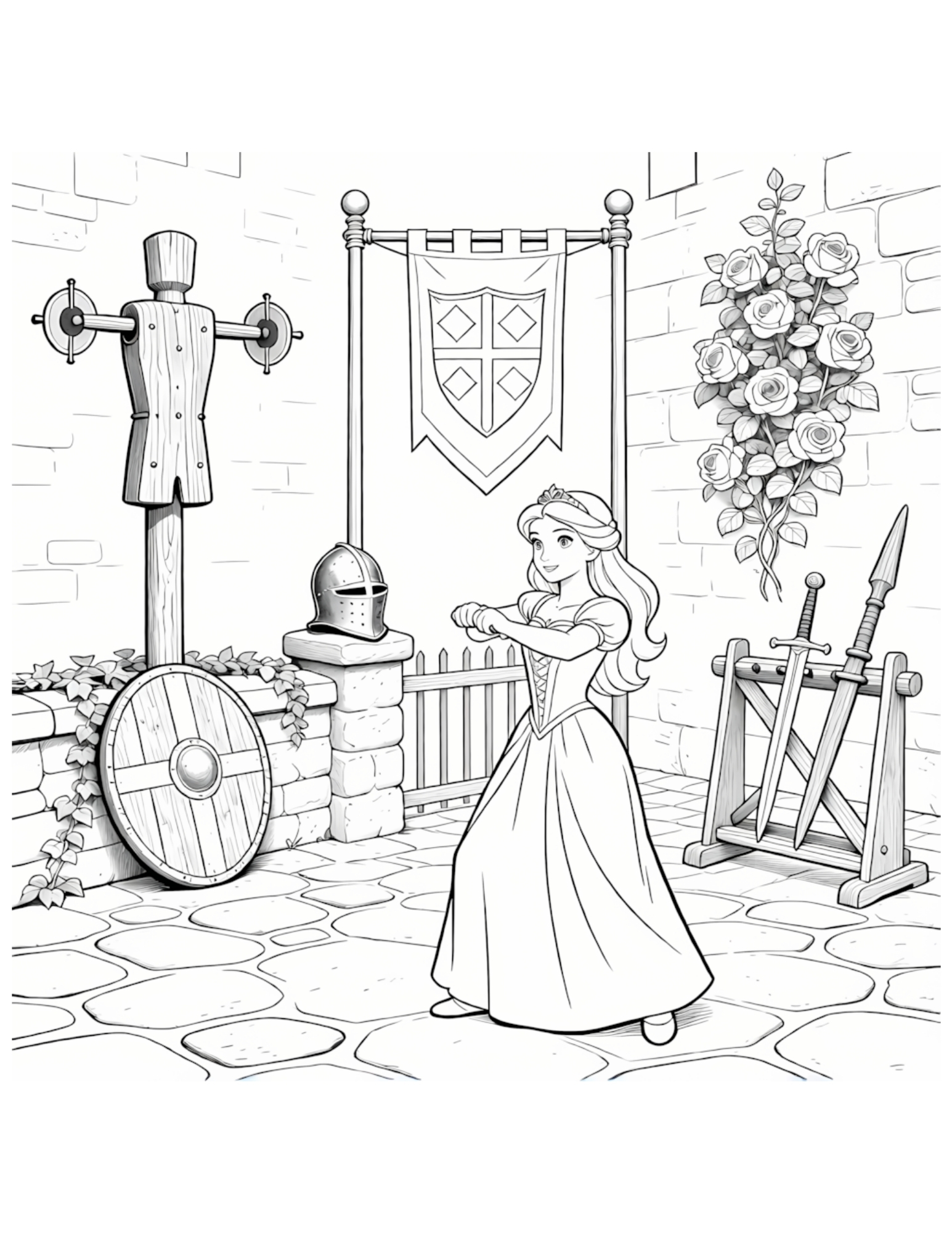 Princess Training in a Castle Courtyard with Swords and Armor - Black and White Coloring Page