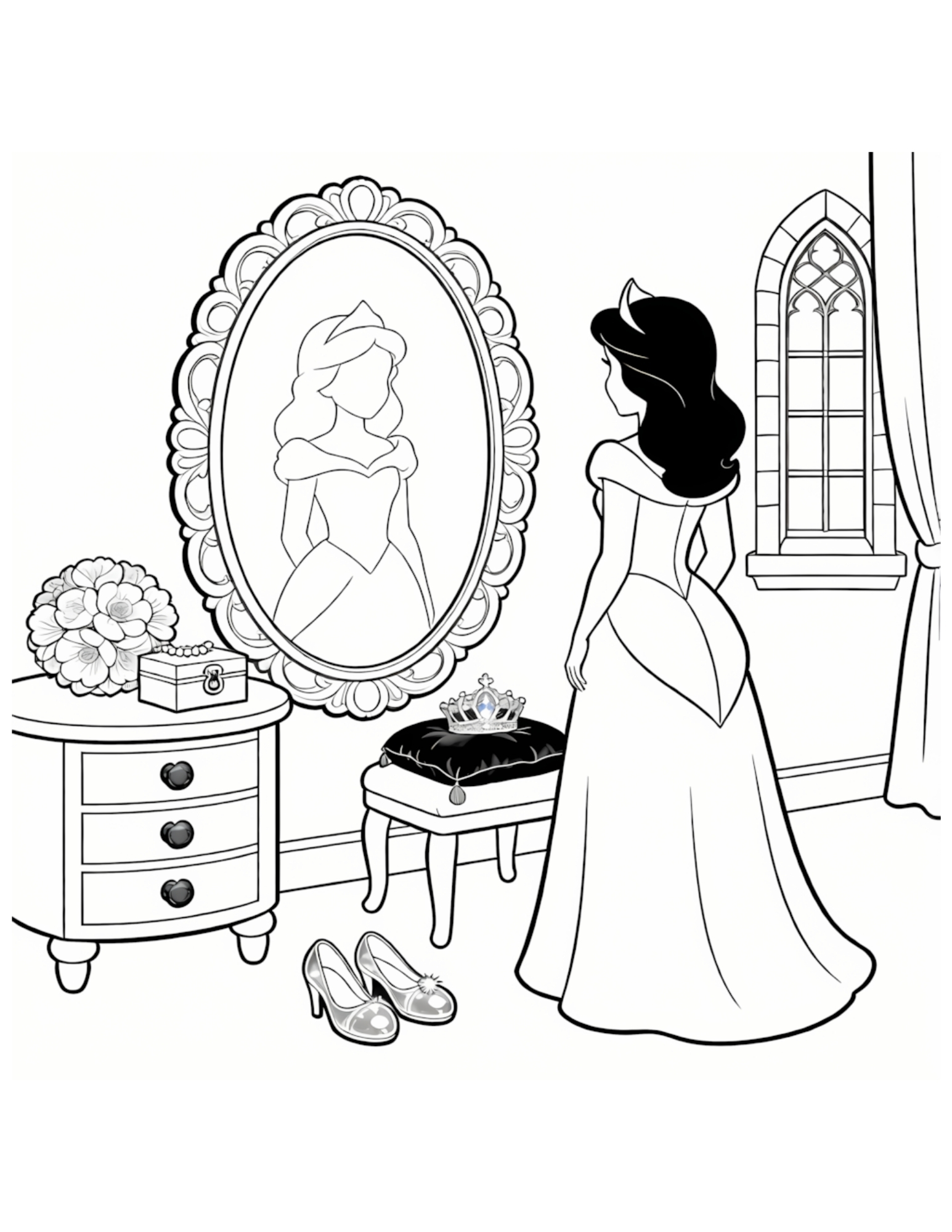 Princess at Vanity Mirror with Glass Slippers and Crown - Black and White Coloring Page