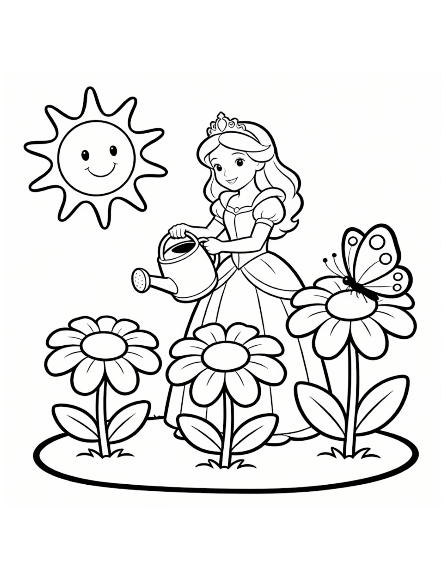 Princess Watering Flowers in the Royal Garden - Black and White Coloring Page
