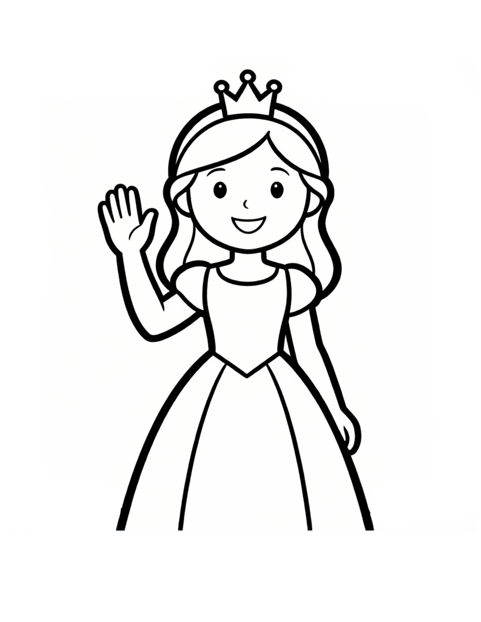 Sweet Princess Waving in Ball Gown - Black and White Coloring Page