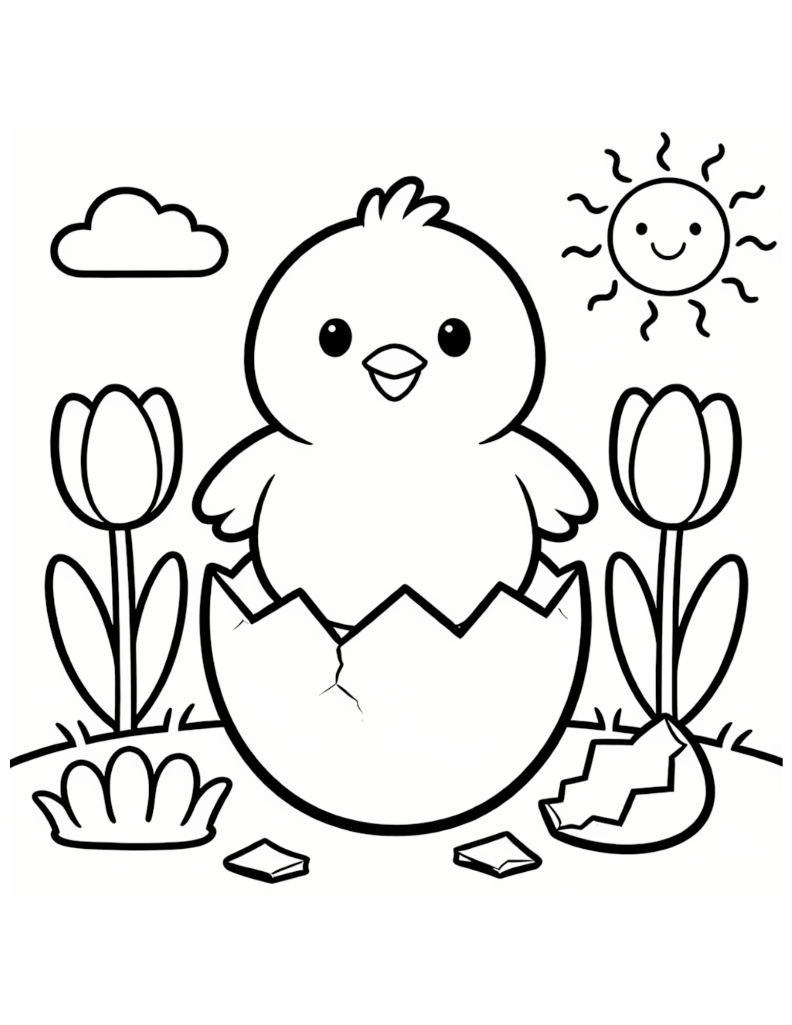 Baby Chick Hatching from Egg with Tulips - Black and White Coloring Page