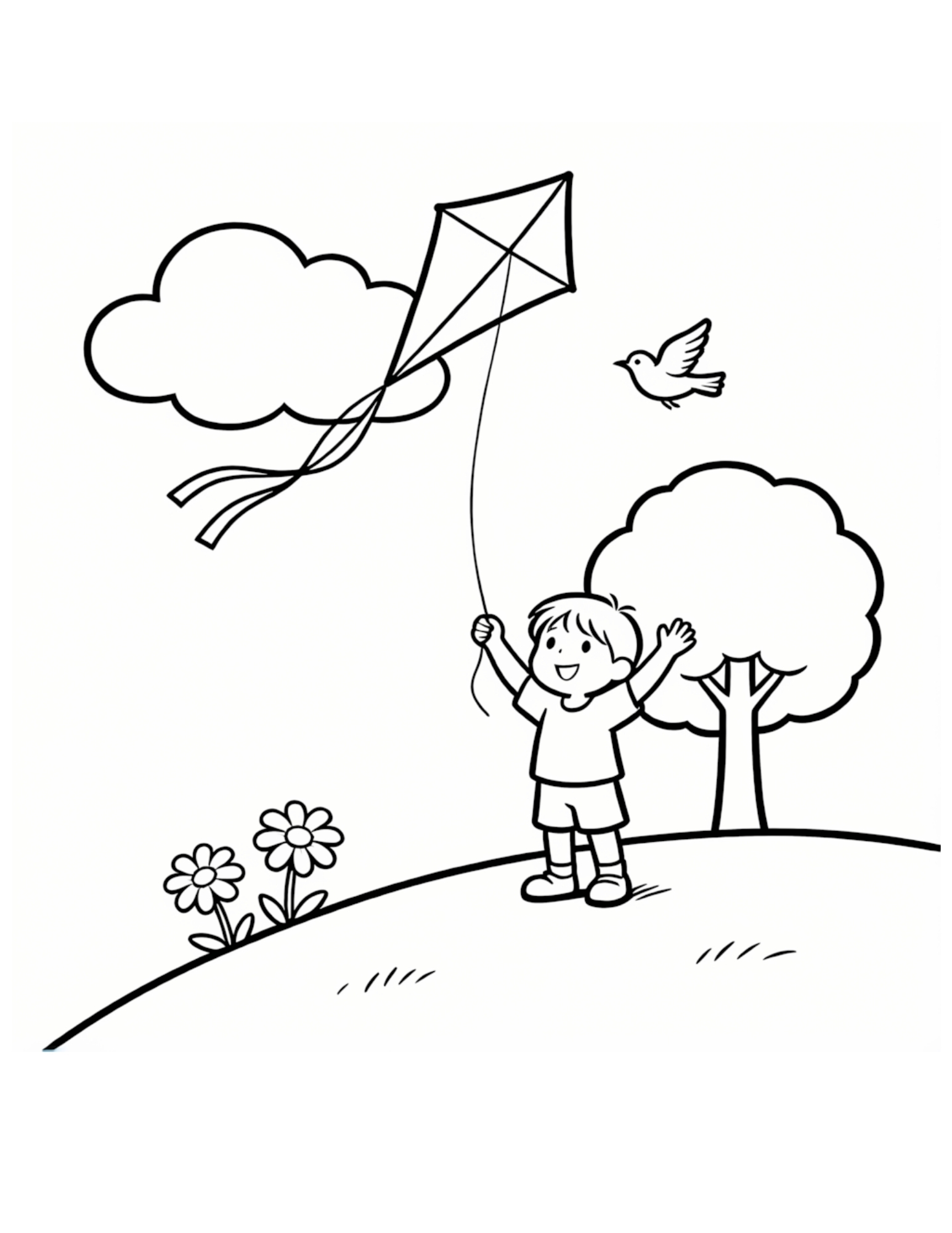 Boy Flying a Kite on a Spring Hill - Black and White Coloring Page
