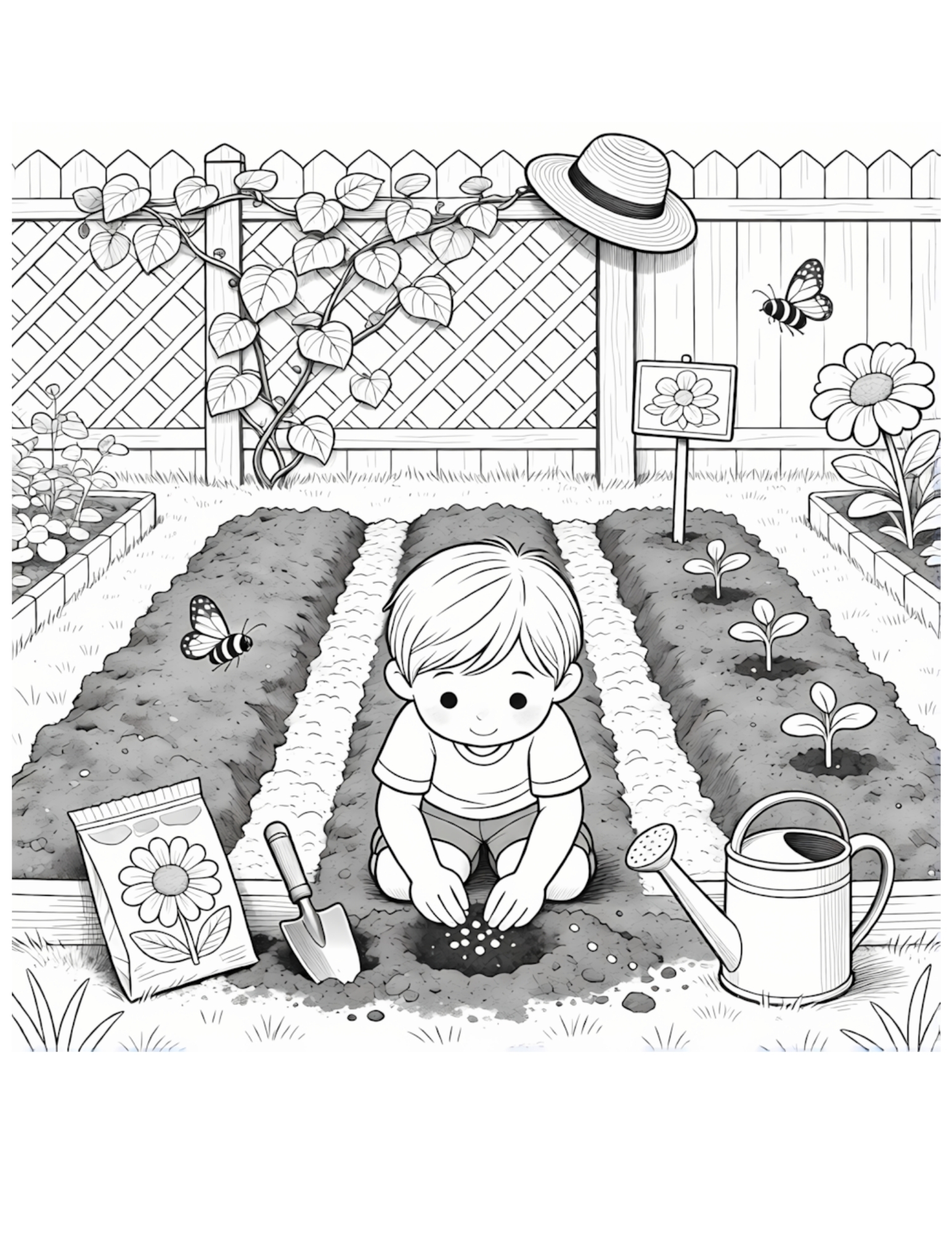 Boy Planting Seeds in a Spring Garden - Black and White Coloring Page