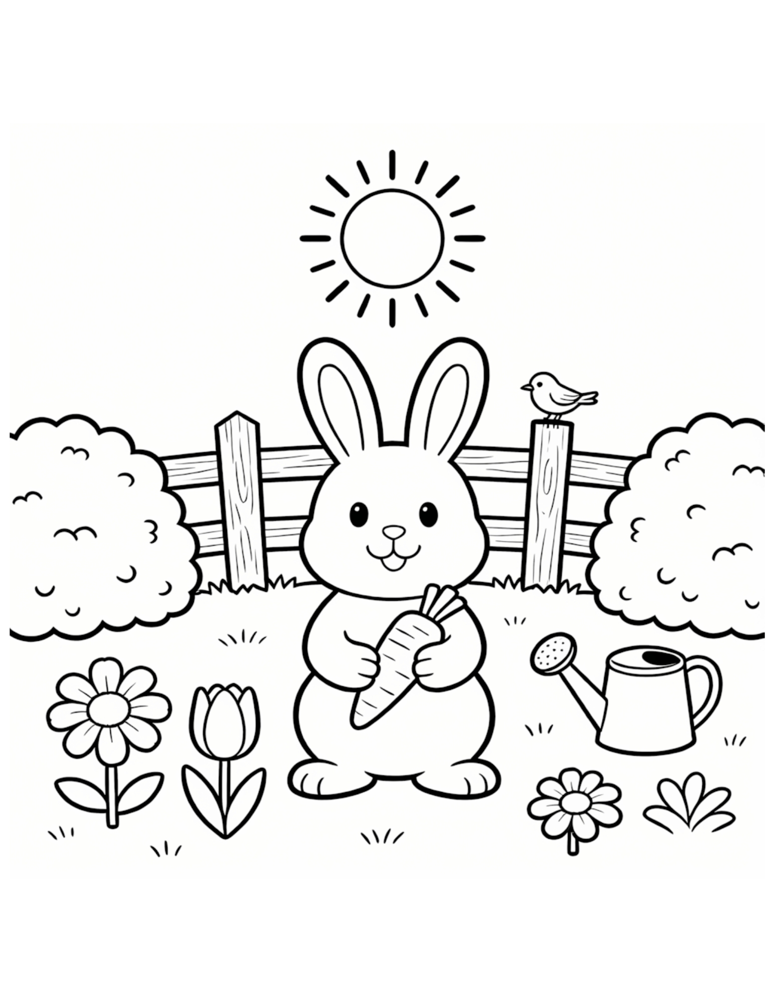 Bunny Holding a Carrot in a Spring Garden - Black and White Coloring Page