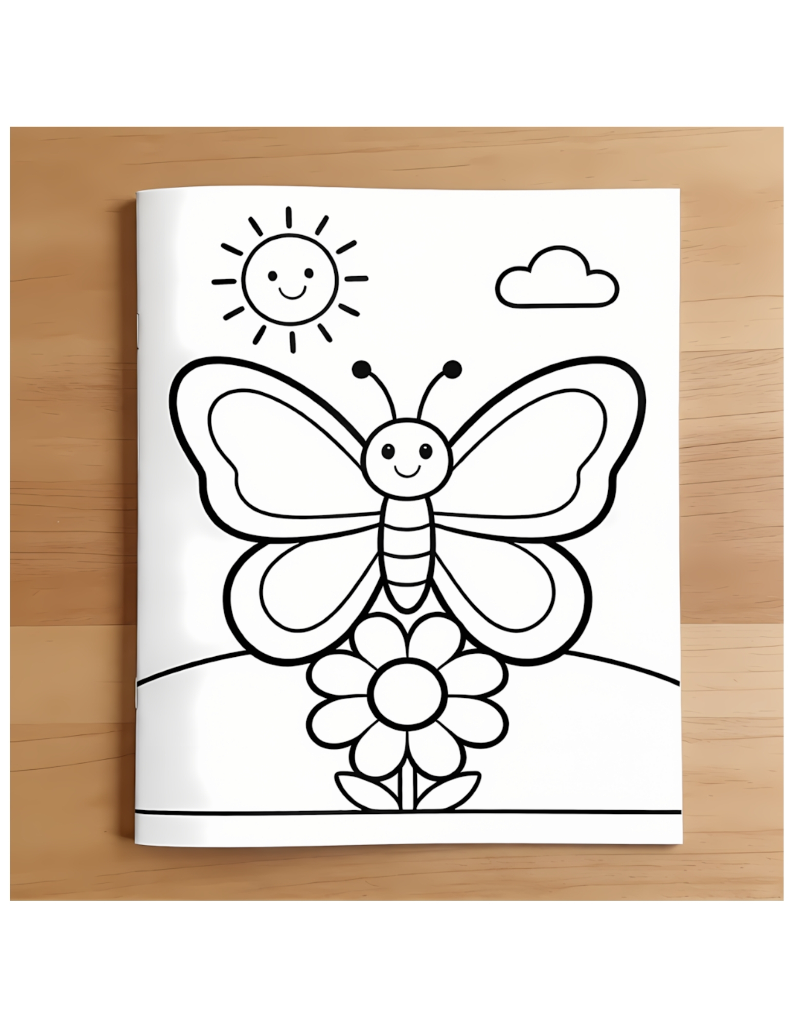 Butterfly on a Daisy with Smiling Sun Spring - Black and White Coloring Page