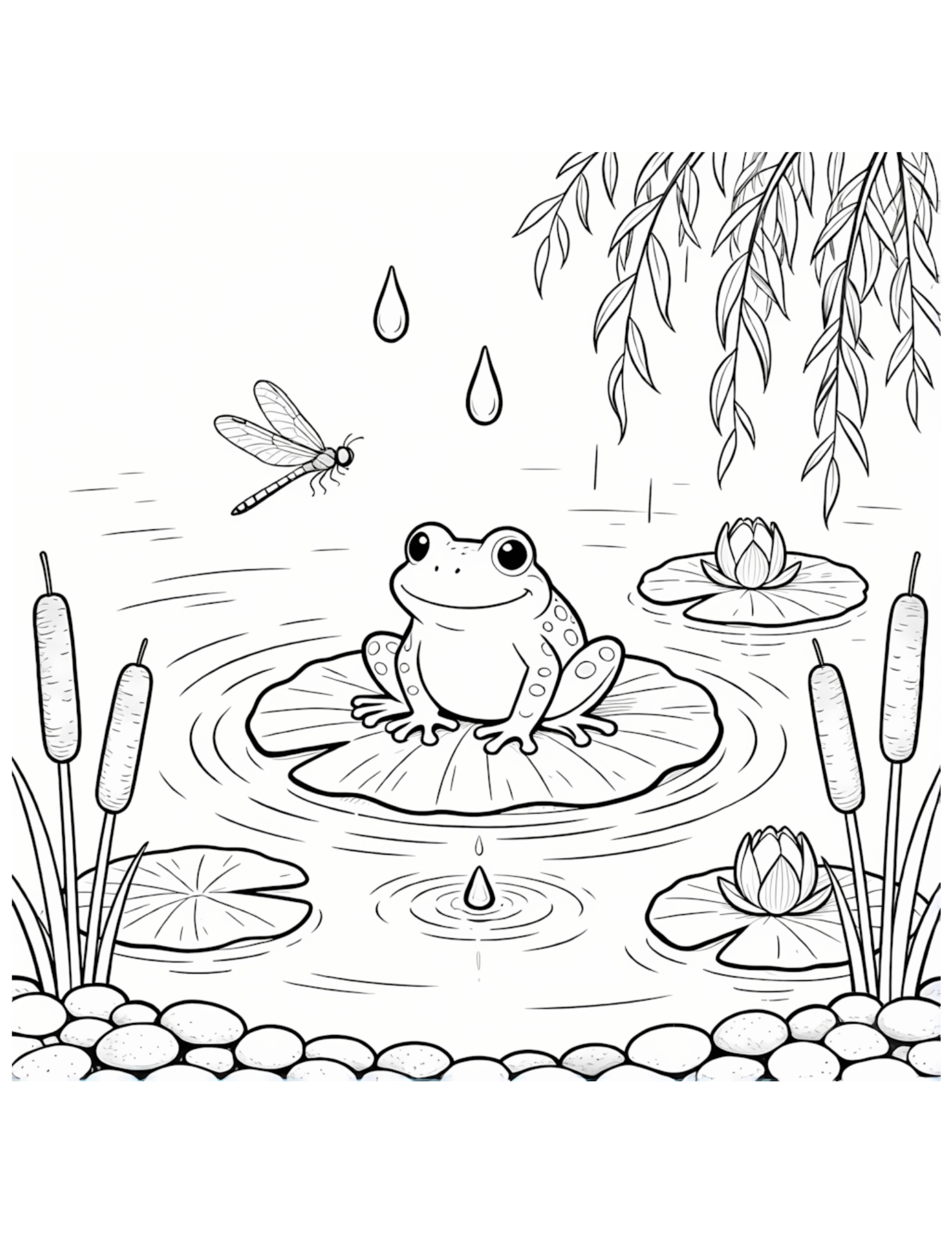Frog on a Lily Pad in a Spring Pond - Black and White Coloring Page