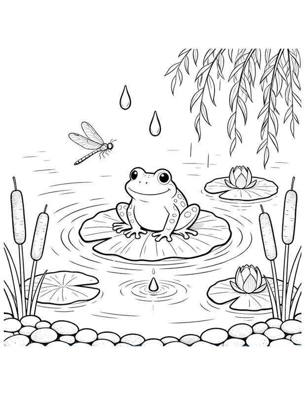 Frog on a Lily Pad in a Spring Pond Coloring Page