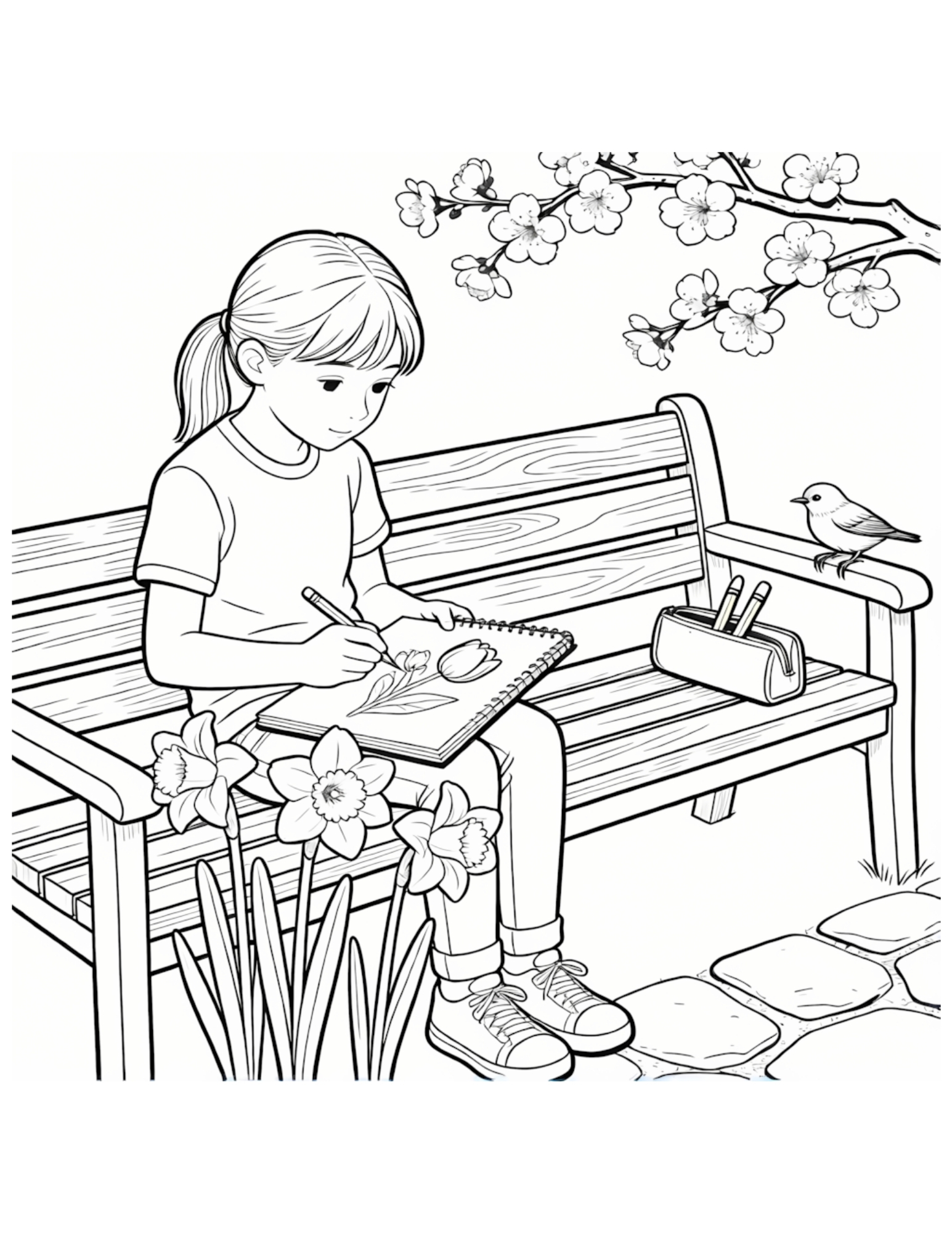 Girl Drawing in a Park Under Cherry Blossoms - Black and White Coloring Page