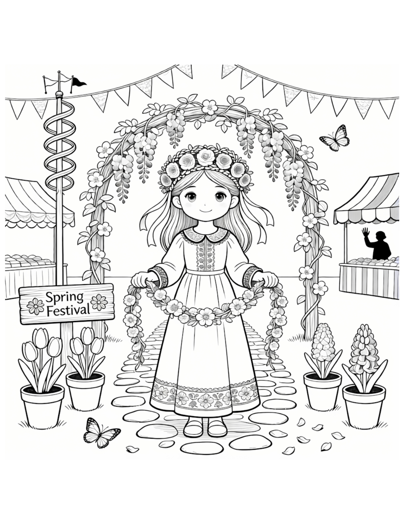 Girl at Spring Festival with Flower Crown - Black and White Coloring Page
