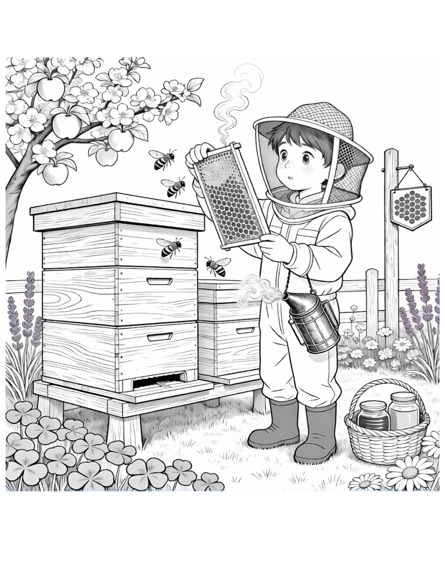 Young Beekeeper Tending Beehive - Black and White Coloring Page
