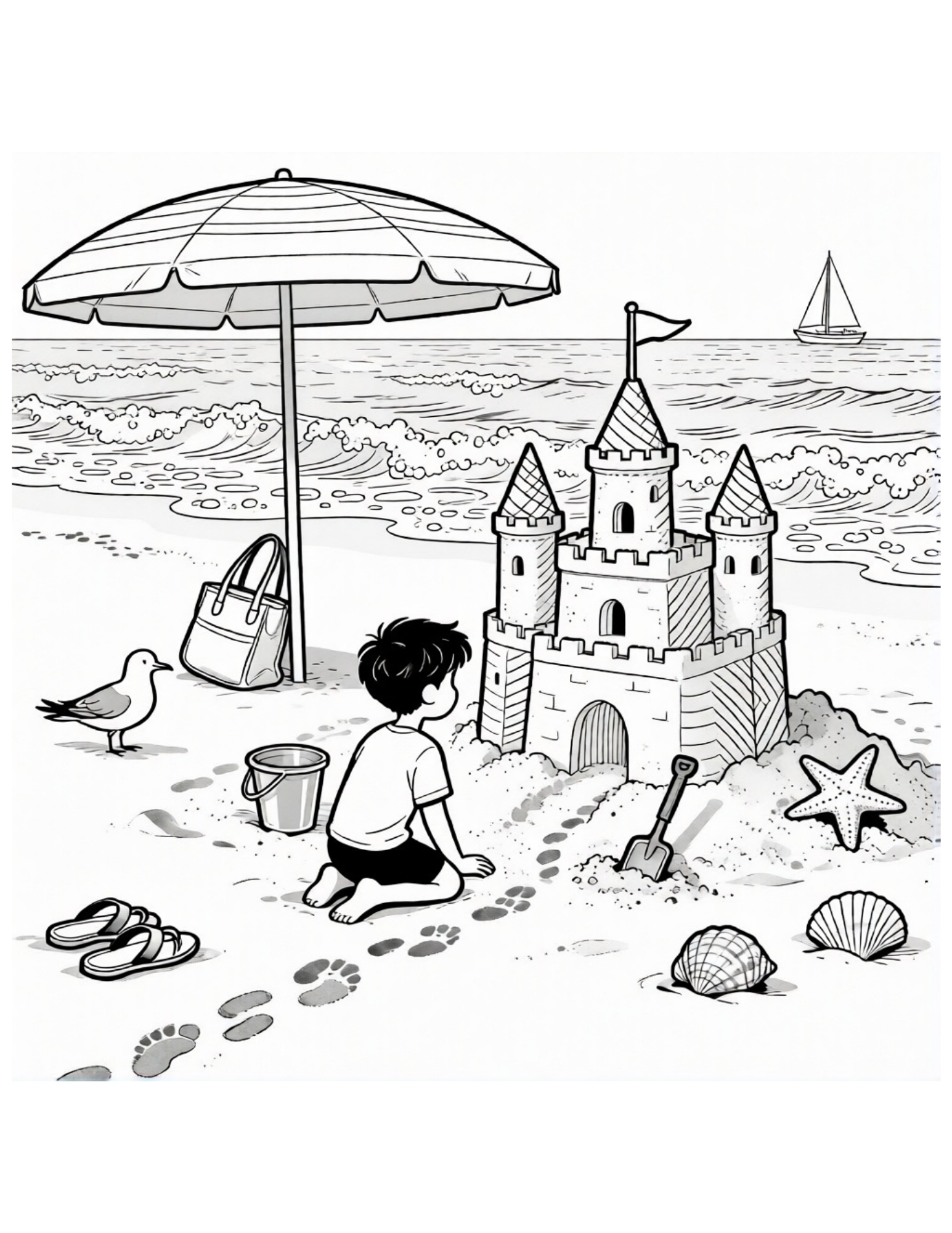 Boy Building a Sandcastle at the Beach - Black and White Coloring Page
