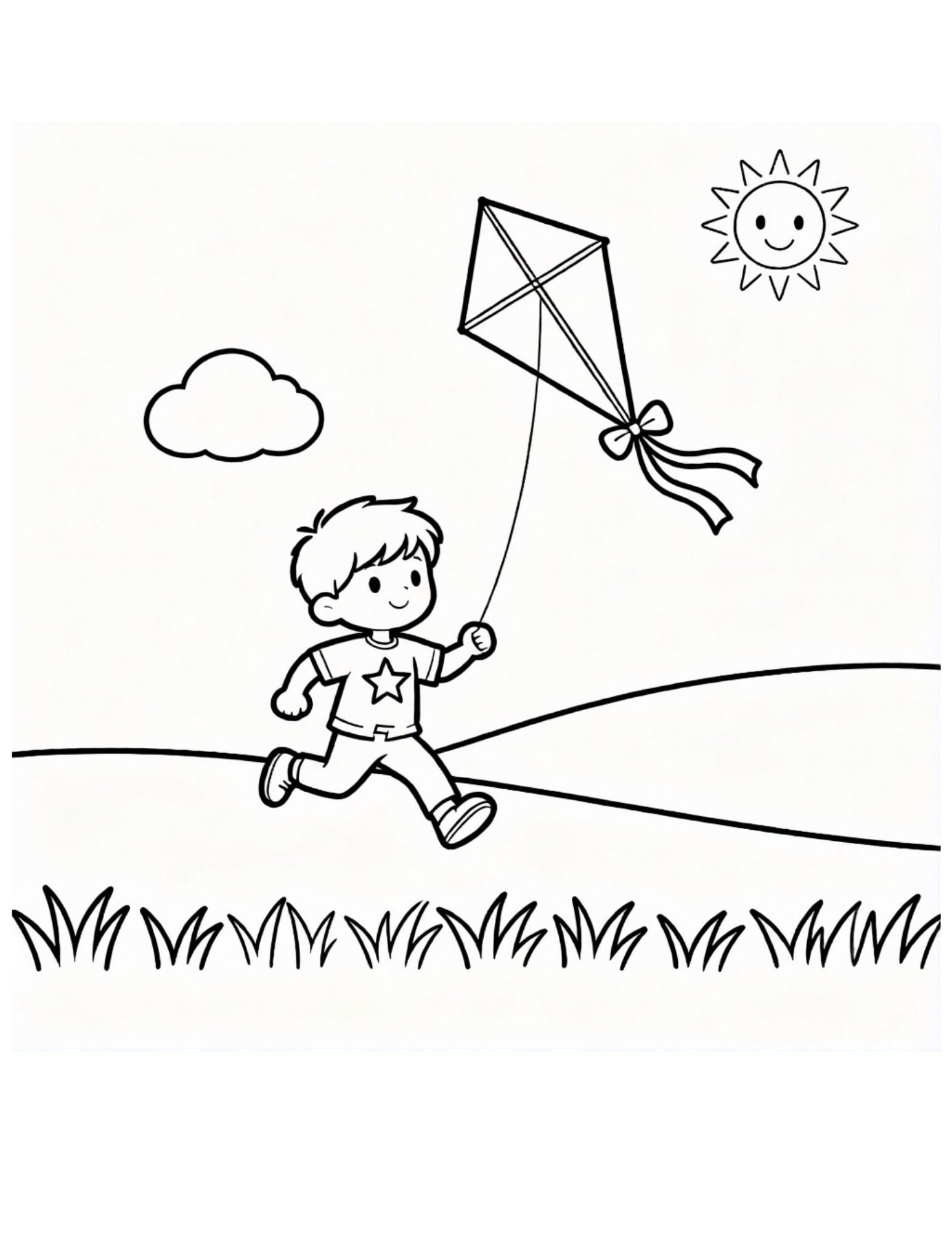 Boy Running with a Kite on a Summer Day - Black and White Coloring Page