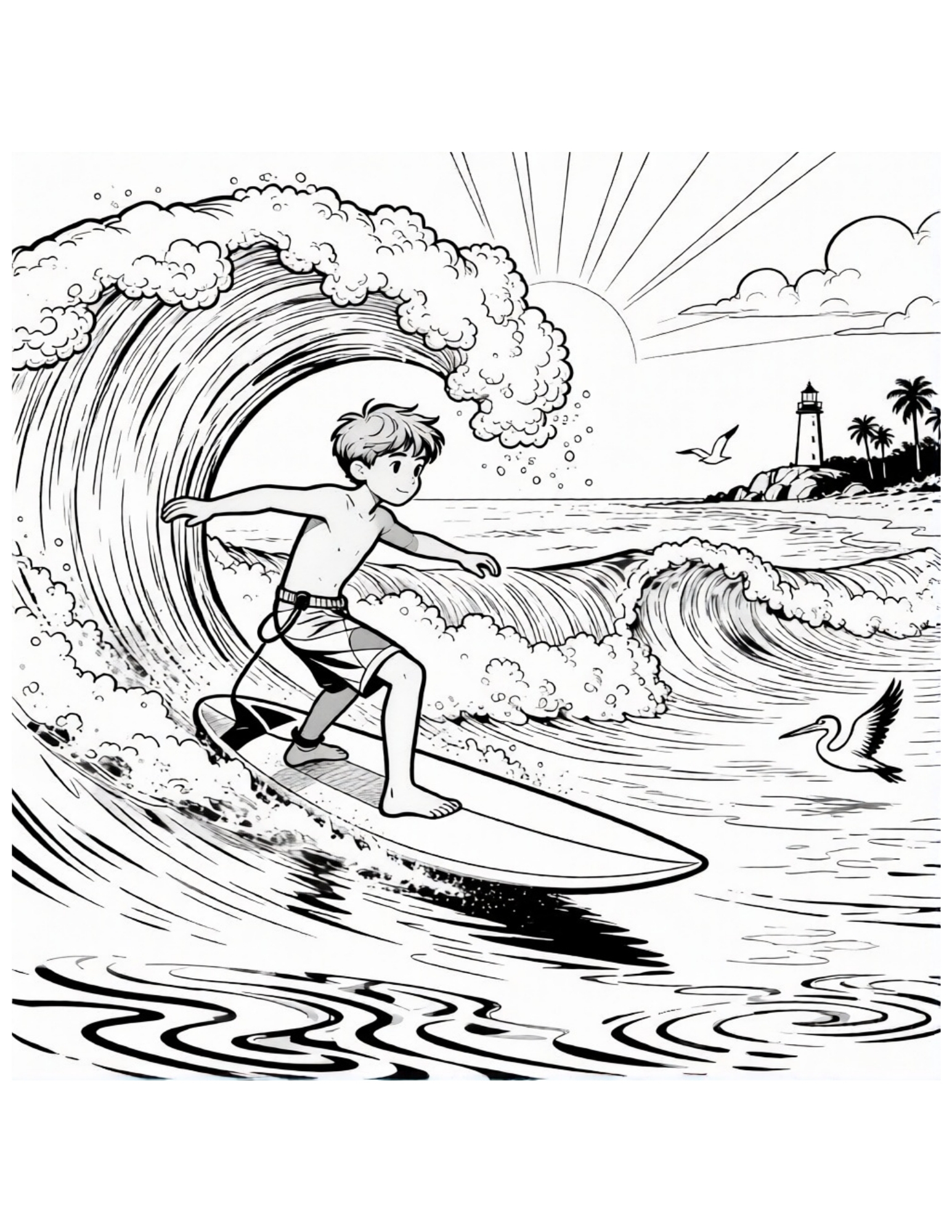 Boy Surfing a Big Wave at the Beach - Black and White Coloring Page