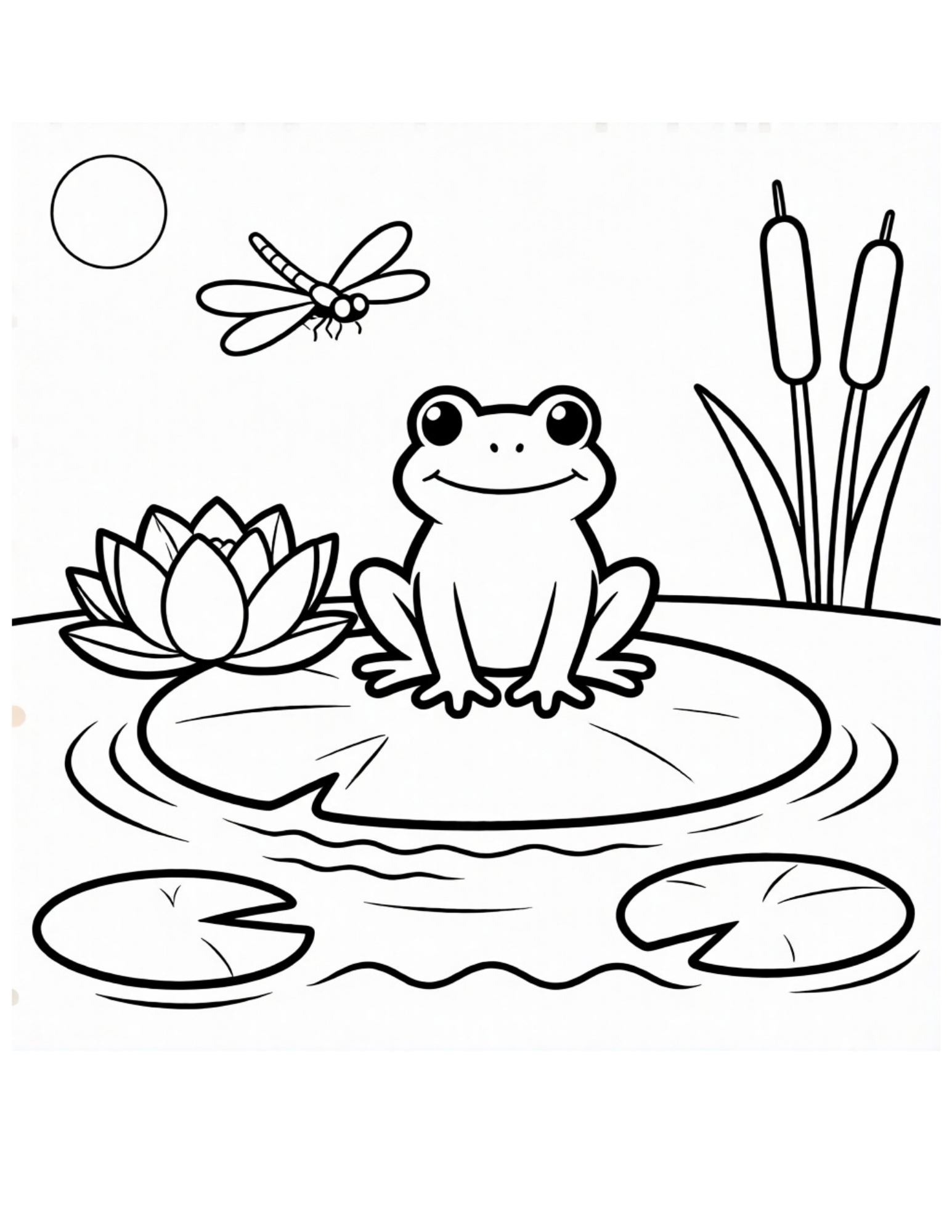 Frog on a Lily Pad in a Summer Pond - Black and White Coloring Page