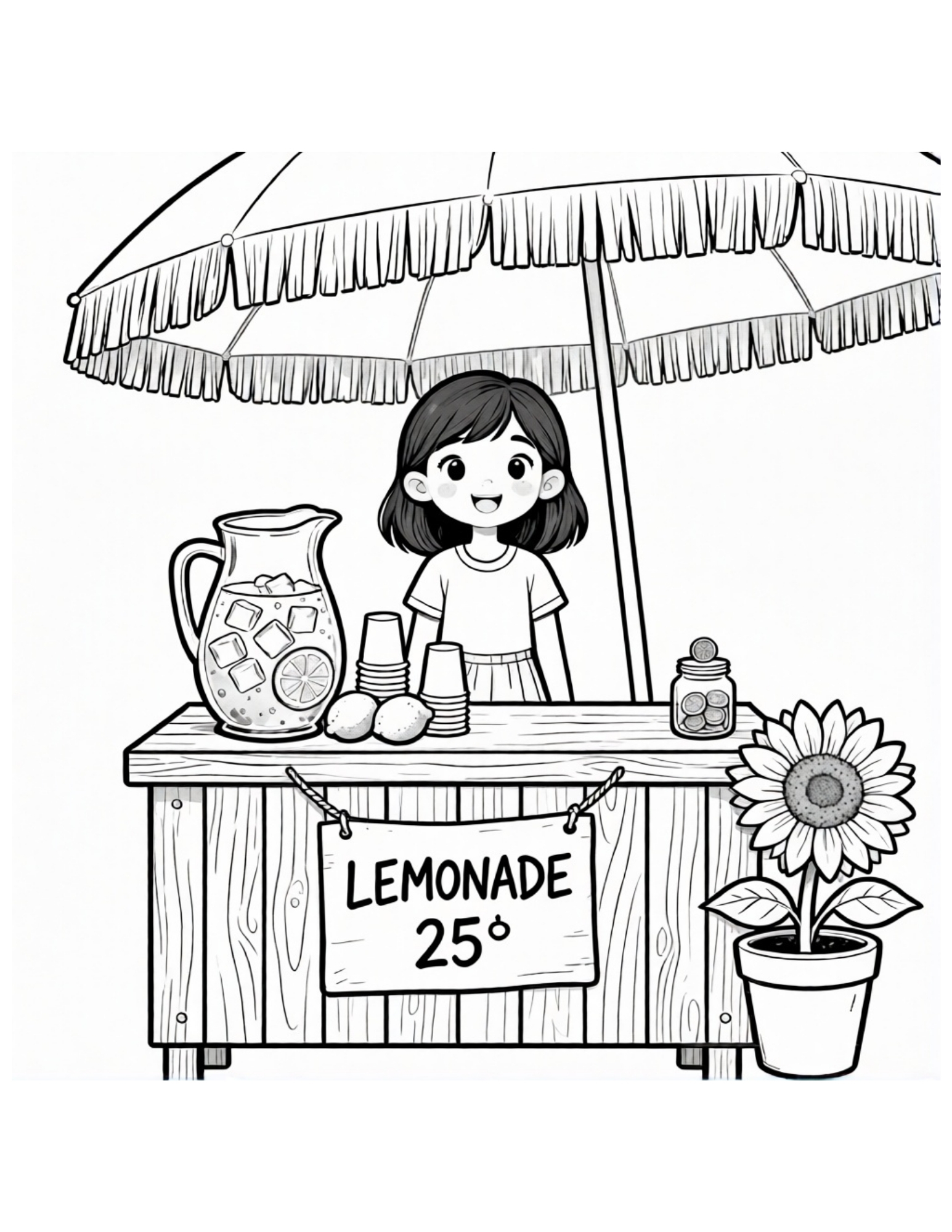 Girl Running a Lemonade Stand on a Summer Day - Black and White Coloring Page