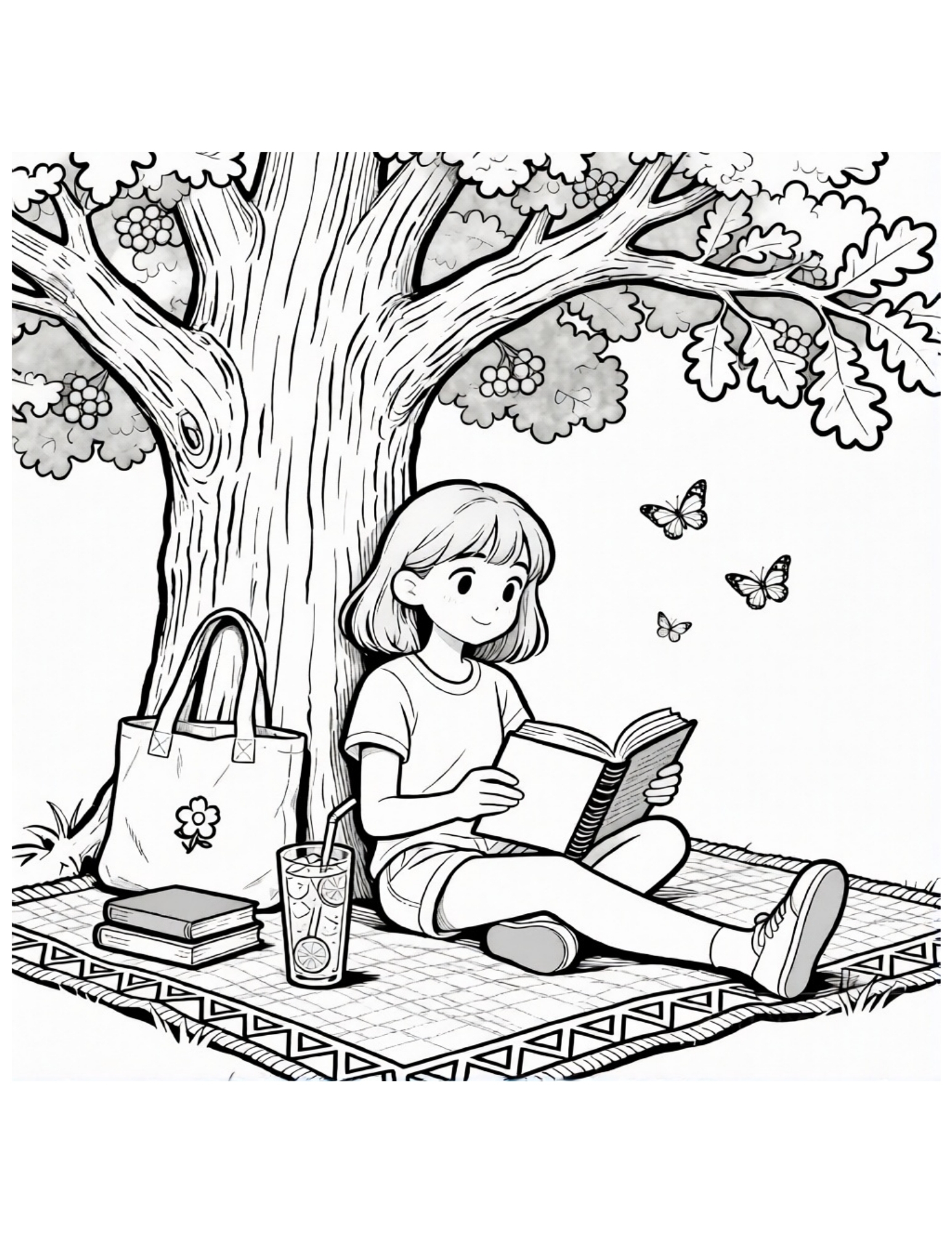 Girl Reading Under an Oak Tree - Black and White Coloring Page