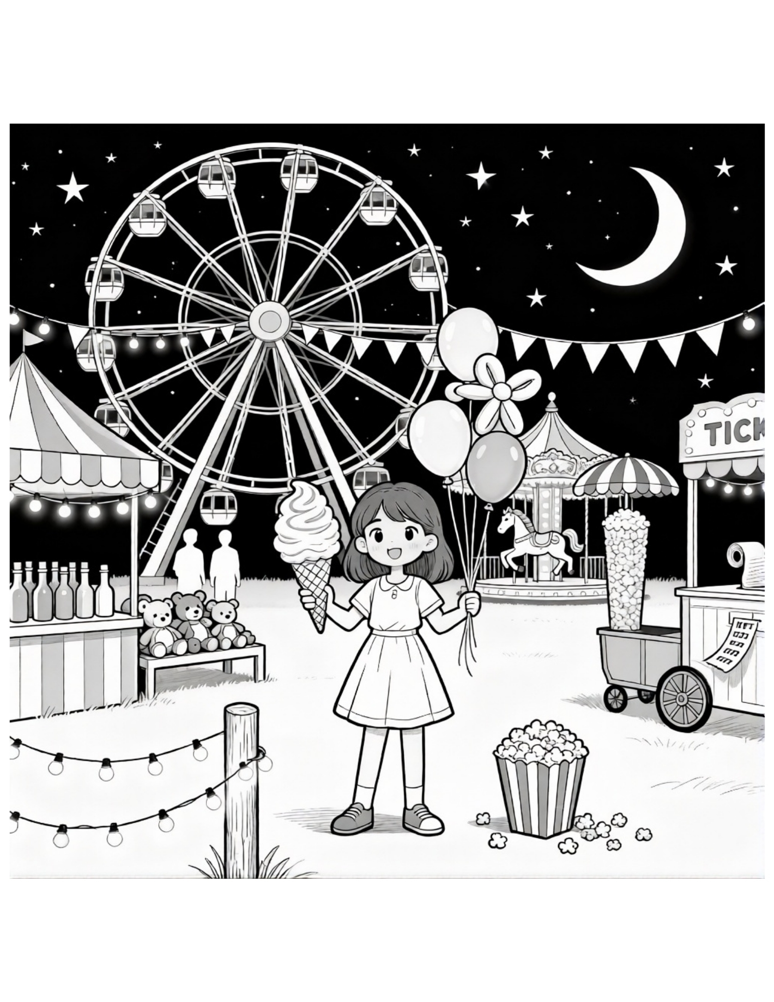 Girl at a Summer Night Fair with Ferris Wheel - Black and White Coloring Page