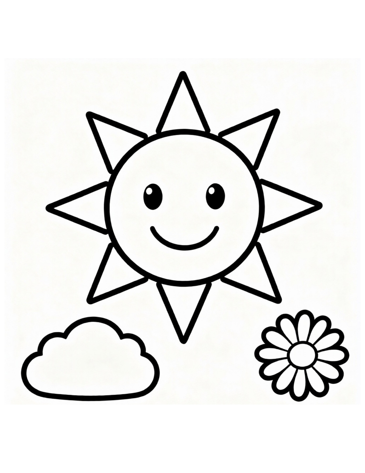 Simple Smiling Sun with Cloud and Daisy - Black and White Coloring Page