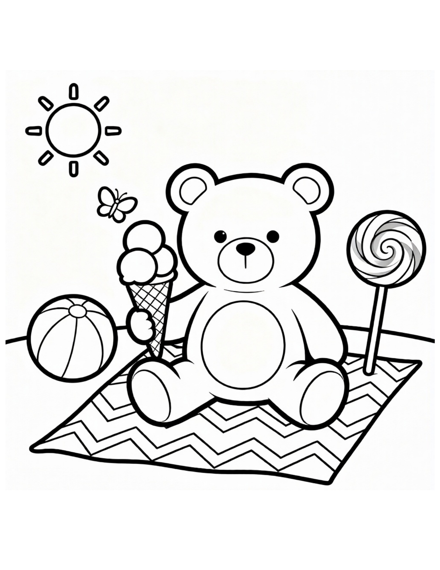 Teddy Bear Summer Picnic - Black and White Coloring Page