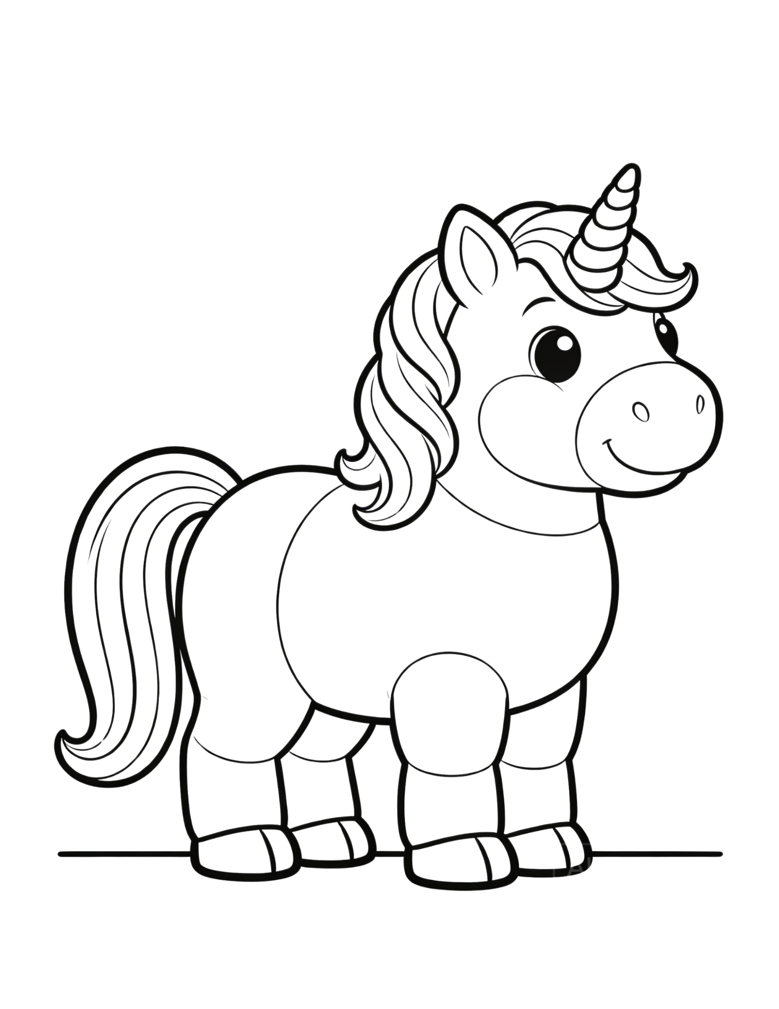 Chubby Chibi Unicorn Standing - Black and White Coloring Page