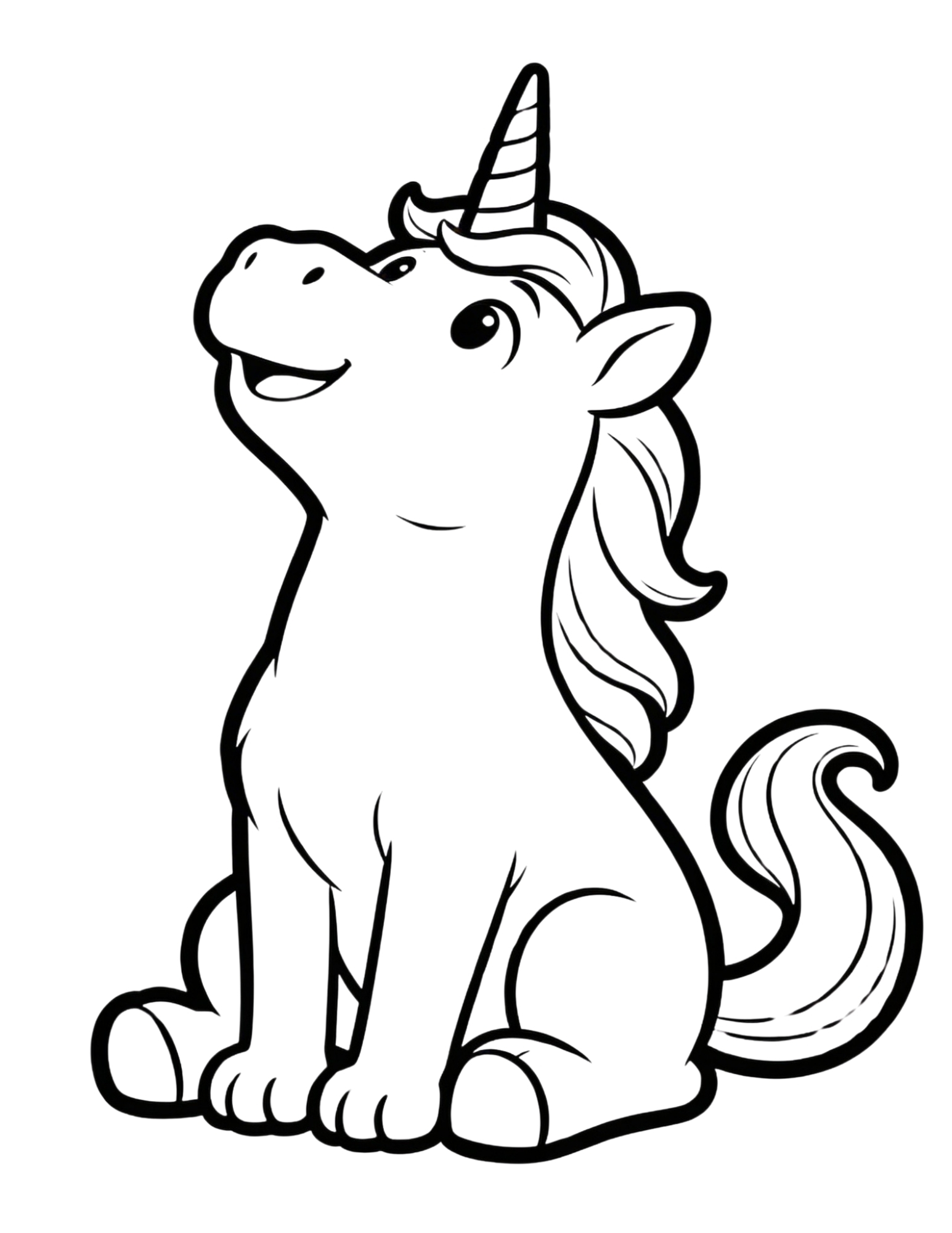 Cute Unicorn Sitting and Looking Up - Black and White Coloring Page