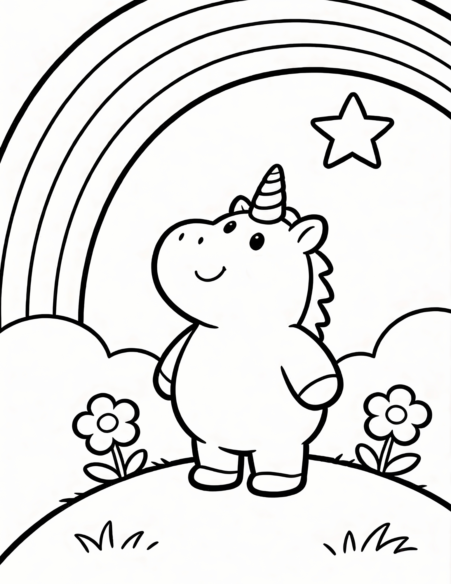 Kawaii Unicorn Under a Rainbow with Flowers - Black and White Coloring Page