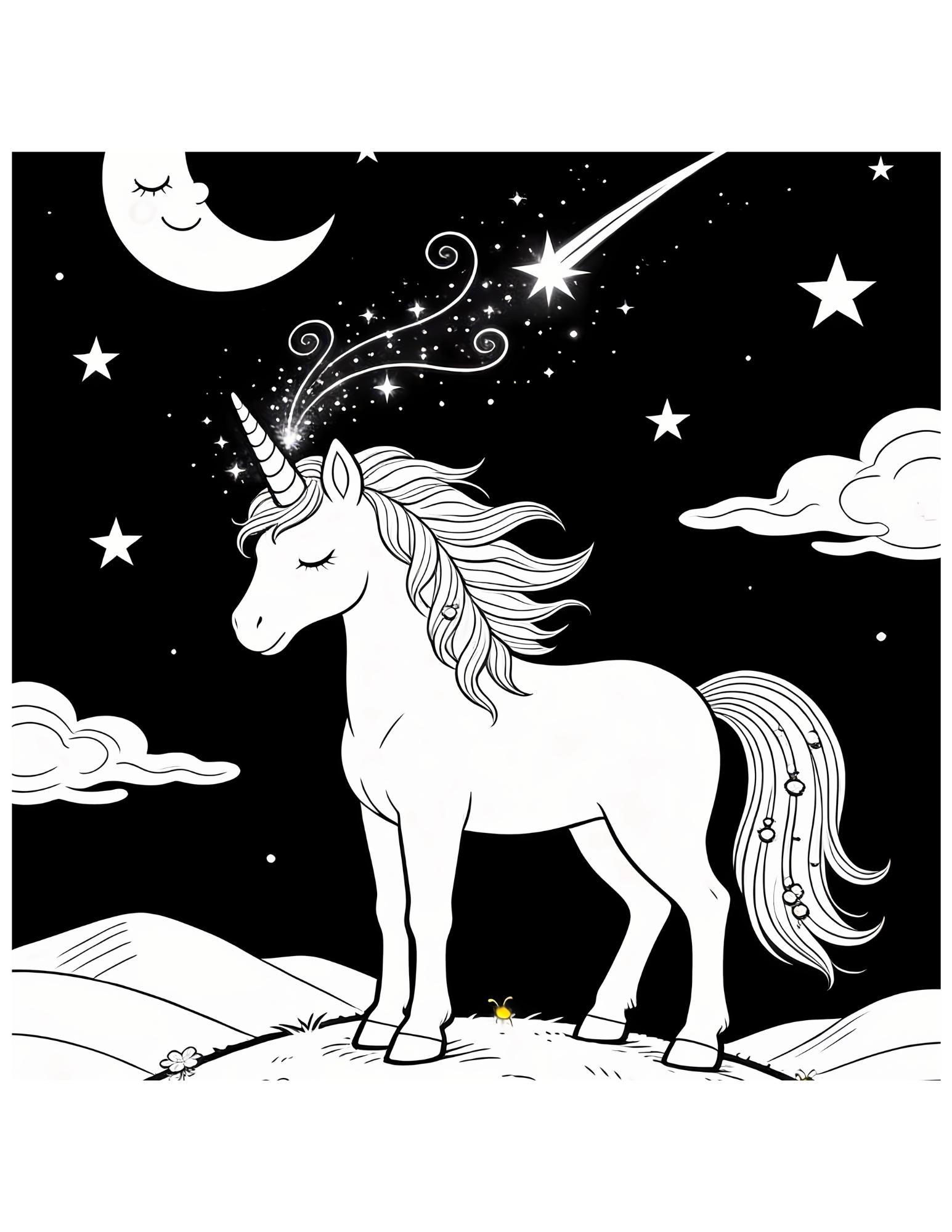 Majestic Unicorn on a Hilltop Under a Crescent Moon - Black and White Coloring Page