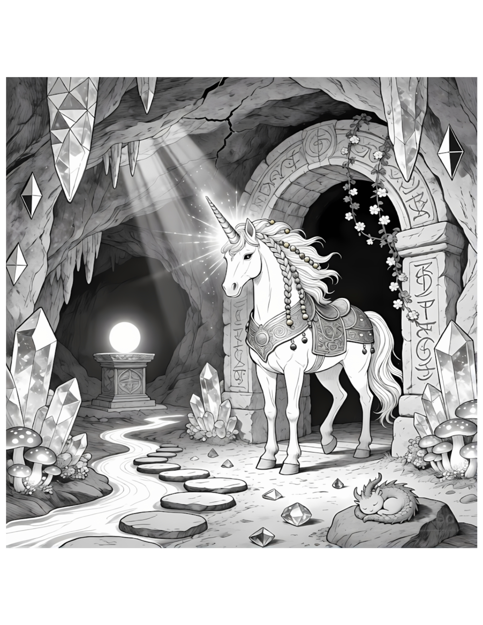 Regal Unicorn in Crystal Cave with Glowing Orb and Sleeping Dragon - Black and White Coloring Page