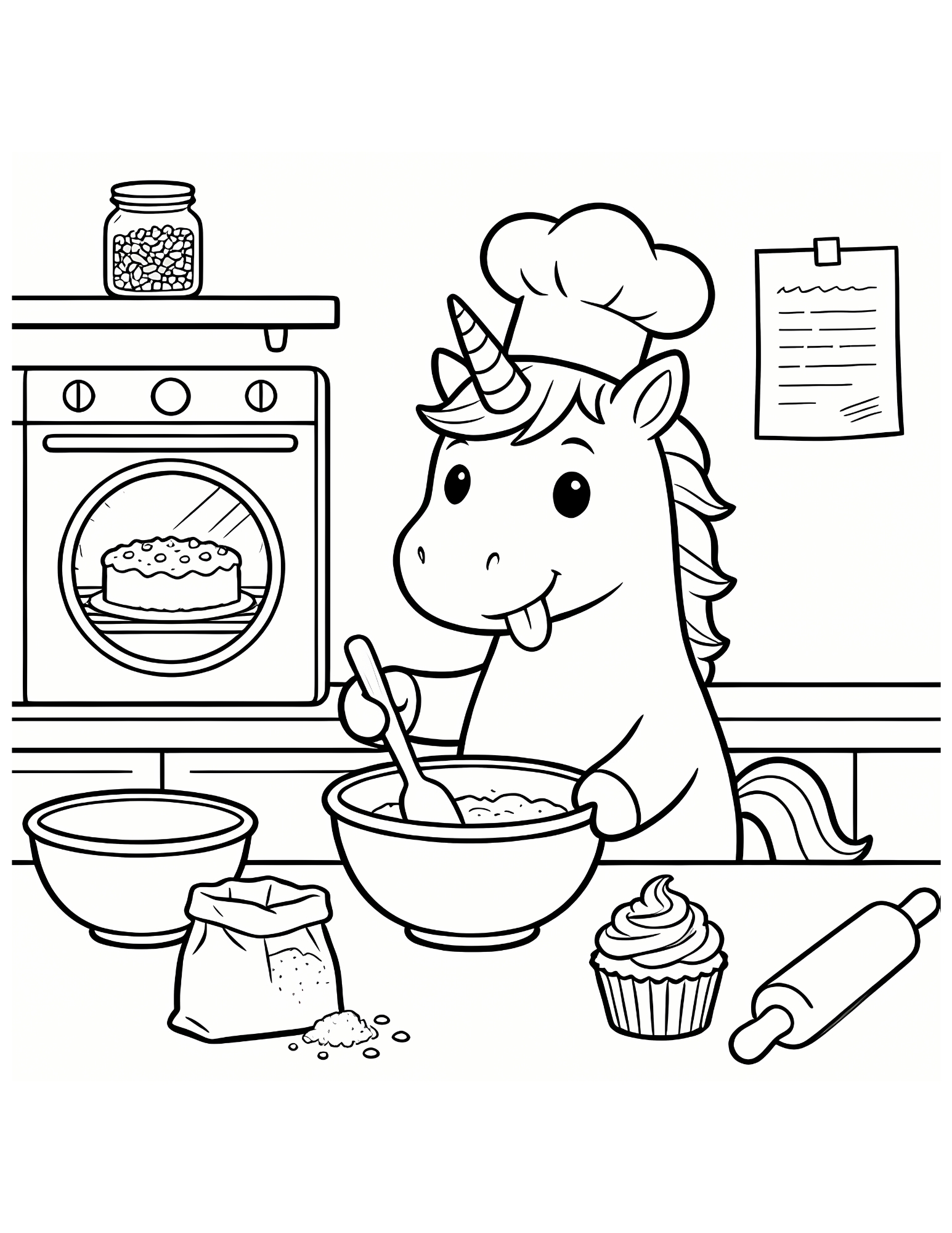 Unicorn Chef Baking Cupcakes in the Kitchen - Black and White Coloring Page