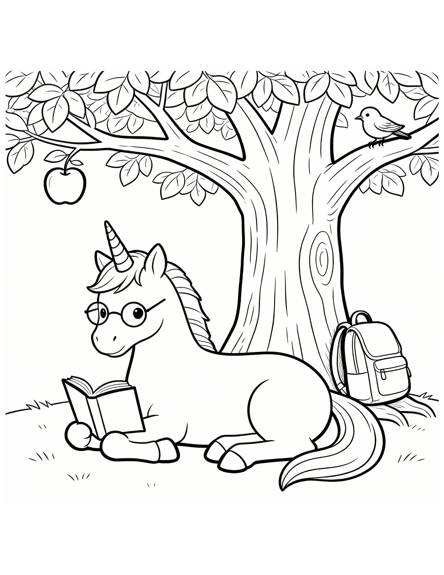 Unicorn with Glasses Reading Under an Apple Tree - Black and White Coloring Page