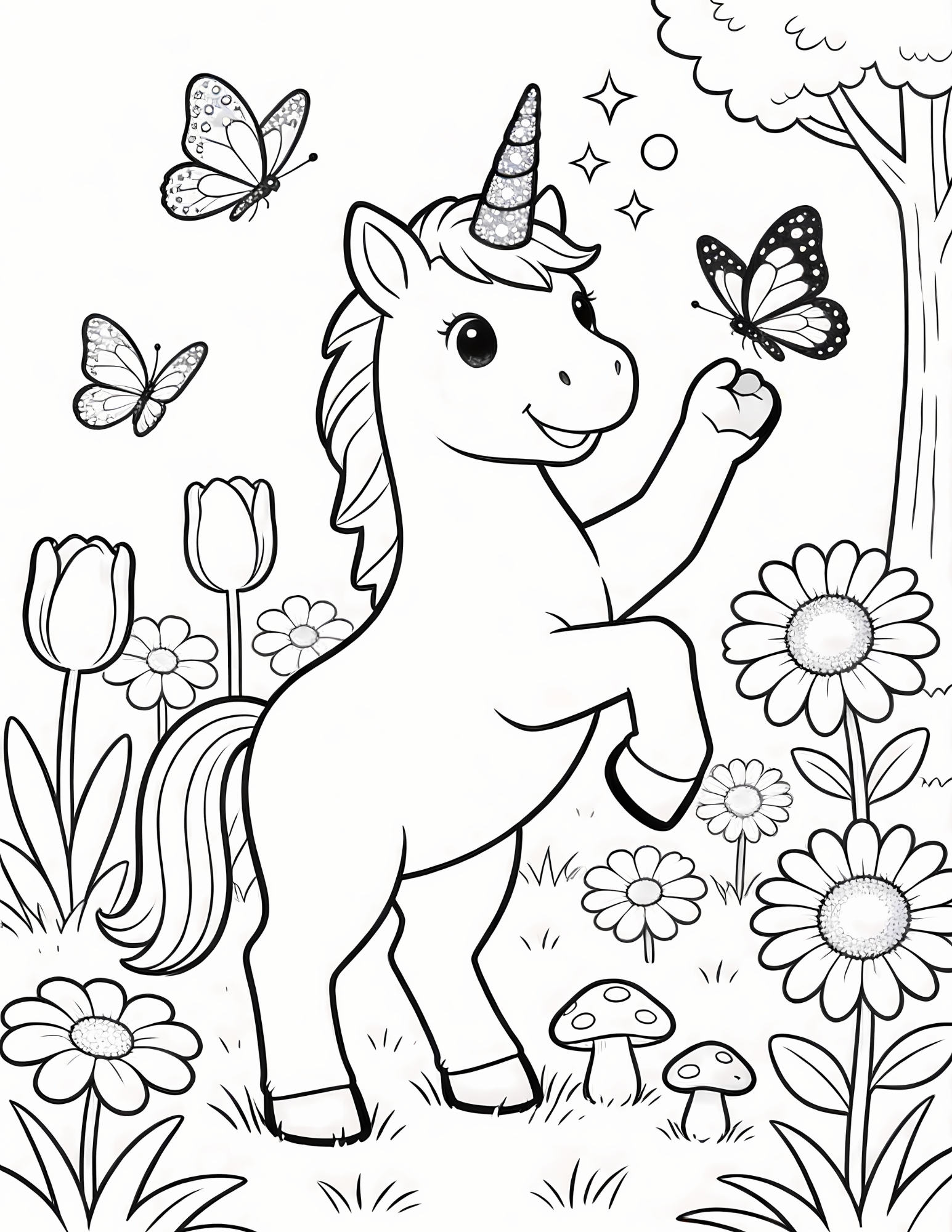 Unicorn Playing with Butterflies in a Magical Garden - Black and White Coloring Page
