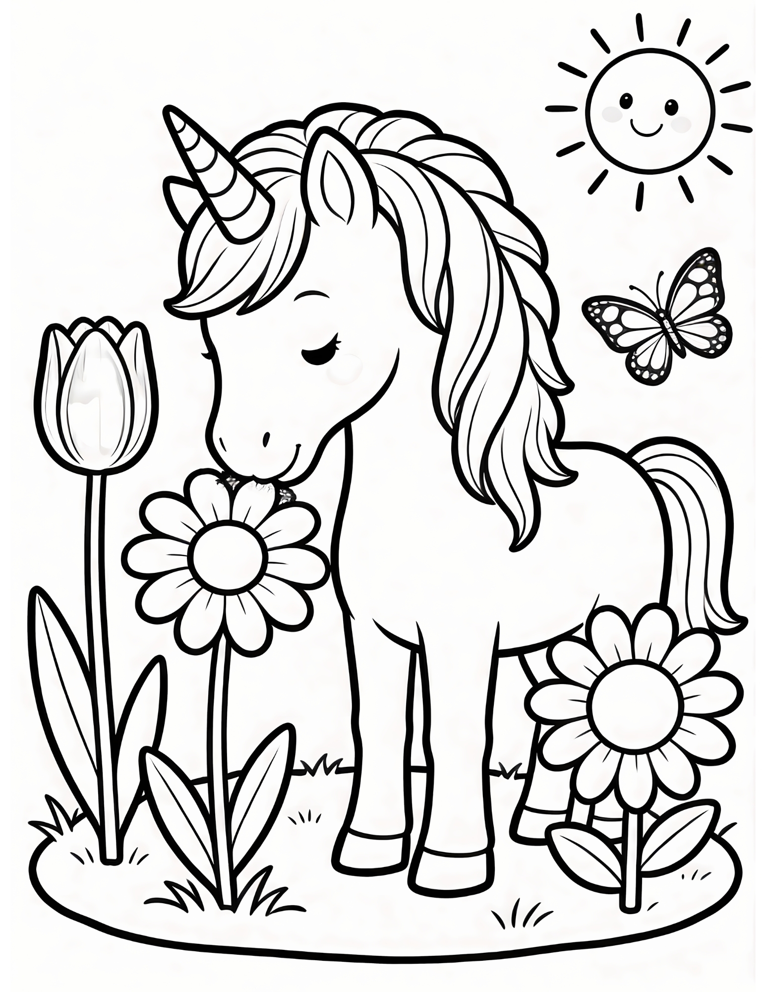 Unicorn Sniffing a Daisy in a Flower Garden - Black and White Coloring Page