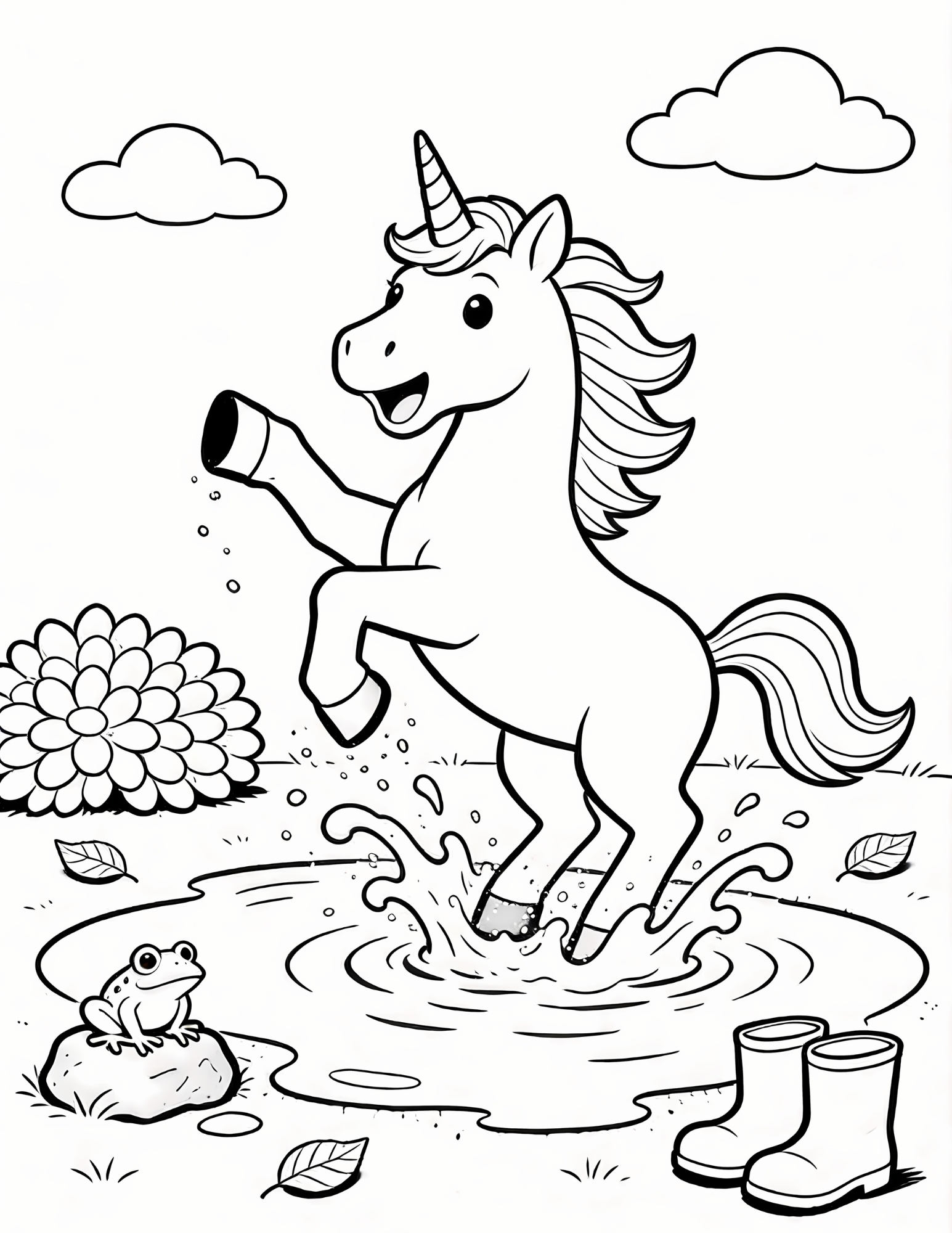 Unicorn Splashing in a Rain Puddle - Black and White Coloring Page