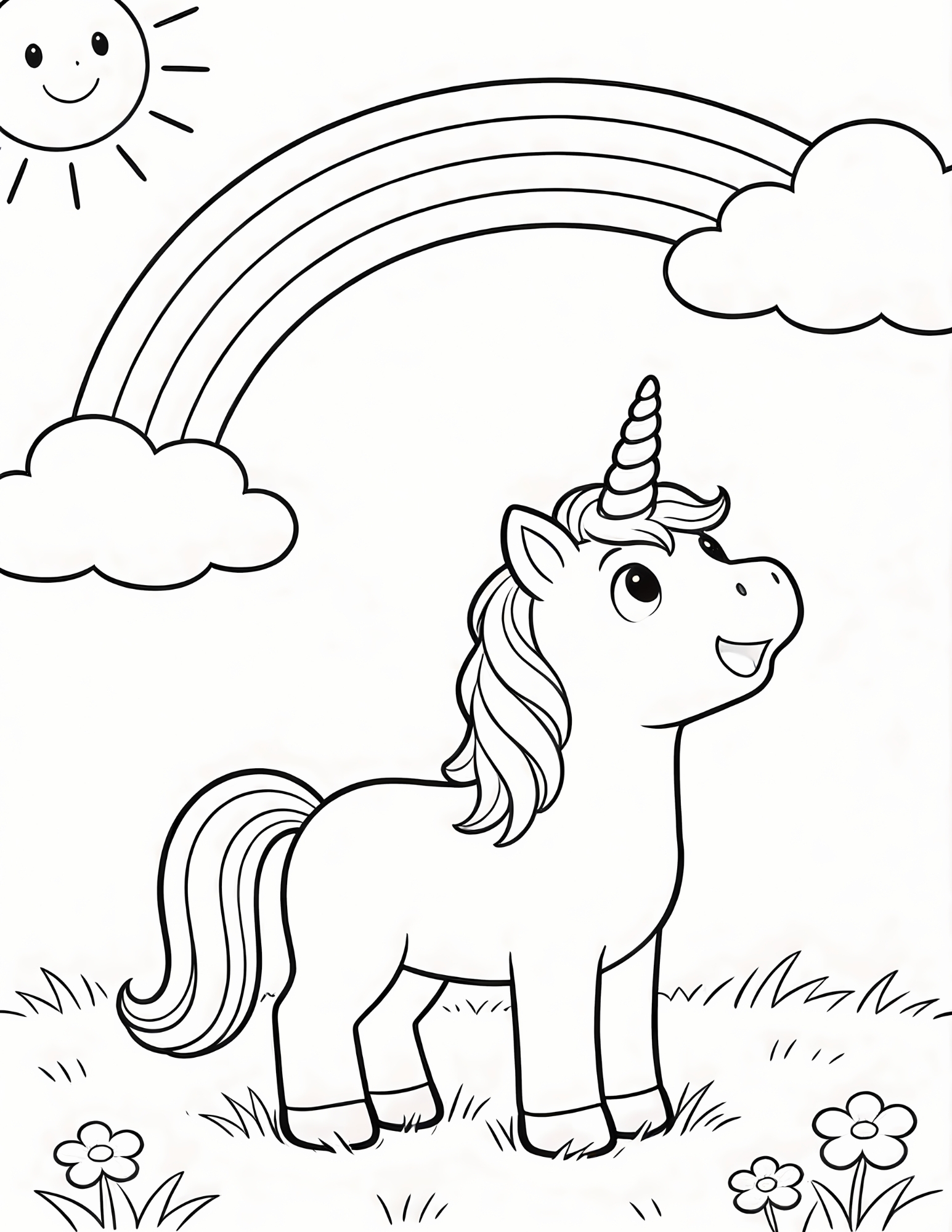 Young Unicorn in a Sunny Field Looking at a Rainbow - Black and White Coloring Page